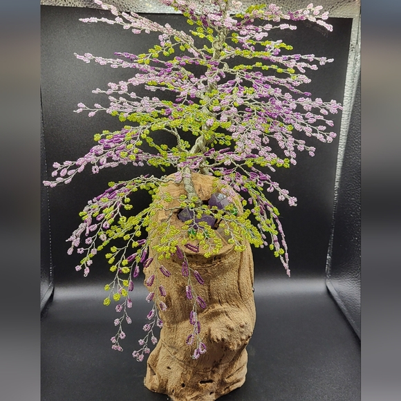 Beaded Bonsai Wire Tree, Pink, Purple, Green Wisteria on Driftwood - Picture 3 of 16